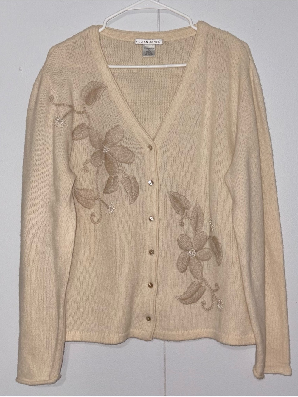 Vintage 90s Jillian Jones Womens XL Lambswool Cardigan Floral Embroidered Beaded